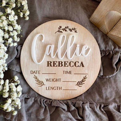 Boho Baby Name & Birth Stats Sign – Custom Whitewashed Wood Announcement