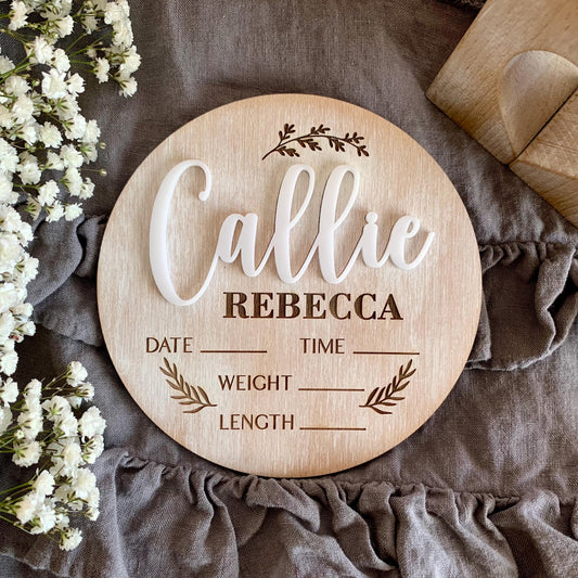 Boho Baby Name & Birth Stats Sign – Custom Whitewashed Wood Announcement