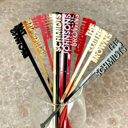 Custom Family Name Drink Stirrers – Personalized Acrylic, Wood, or Stainless Steel Swizzle Sticks