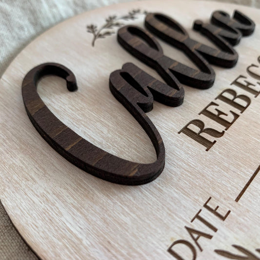 Boho Baby Name & Birth Stats Sign – Custom Whitewashed Wood Announcement