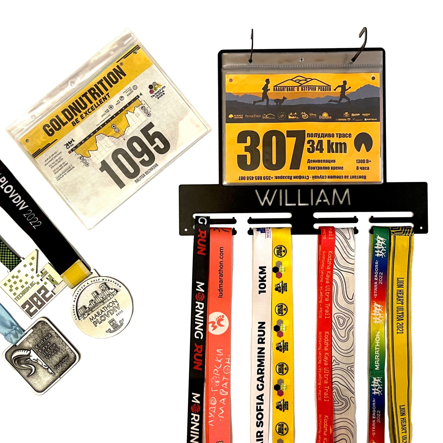 Custom Running Medal & Race Bib Holder – Personalized Metal Display Rack with Name & Figures