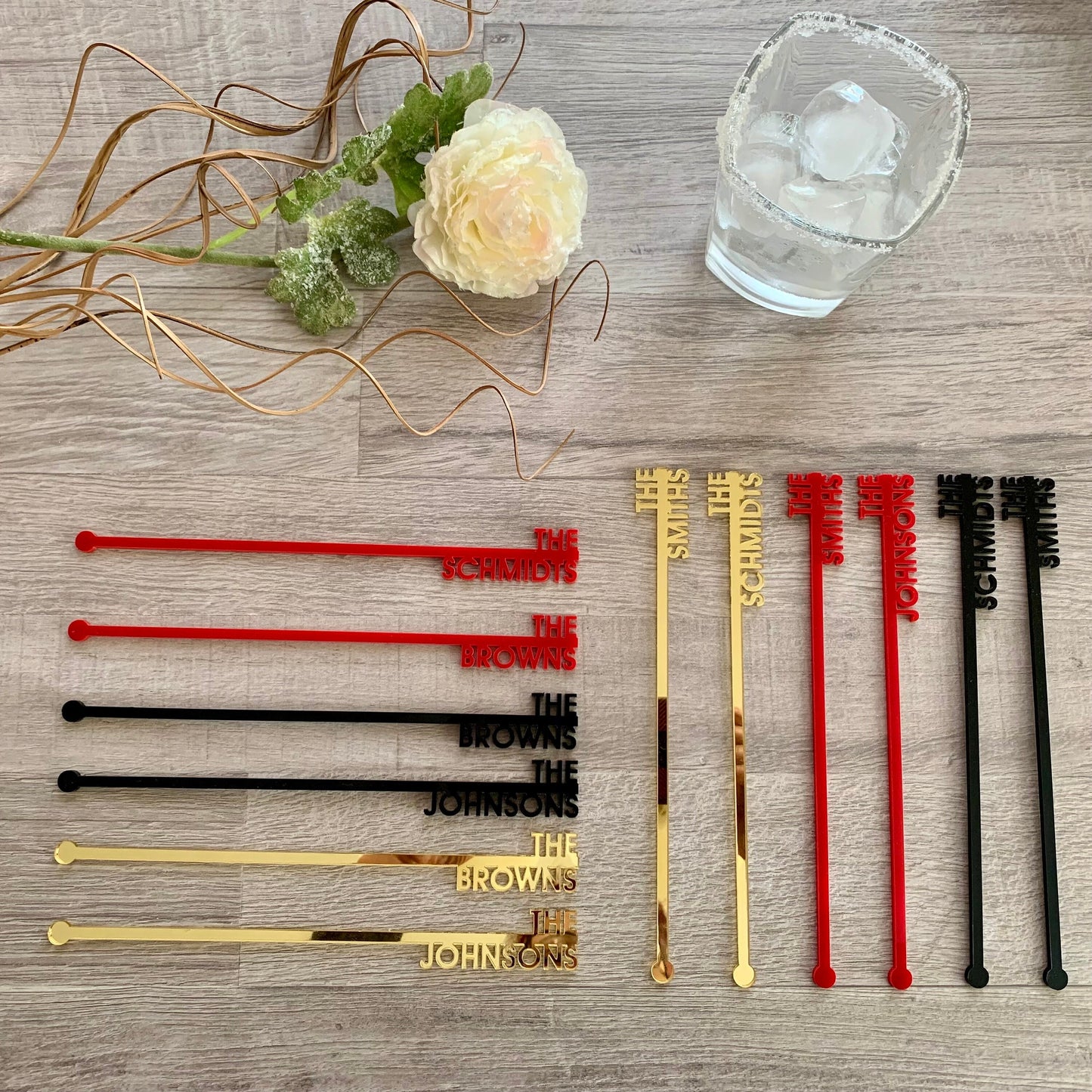 Custom Family Name Drink Stirrers – Personalized Acrylic, Wood, or Stainless Steel Swizzle Sticks