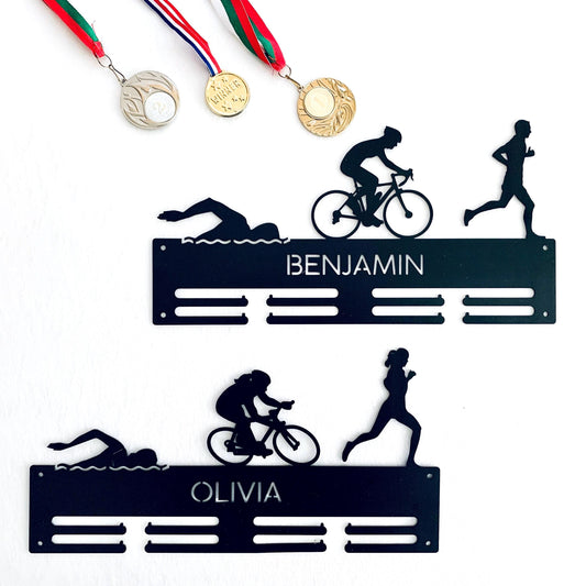 Custom Triathlon Medal & Bib Holder – Personalized Metal Rack with Swim‑Bike‑Run Silhouettes