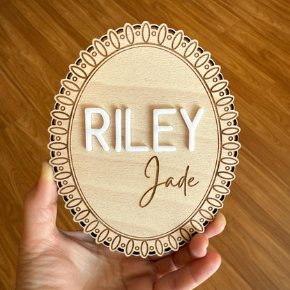 Wooden Lace Baby Name Sign – Personalized 3D Newborn Announcement