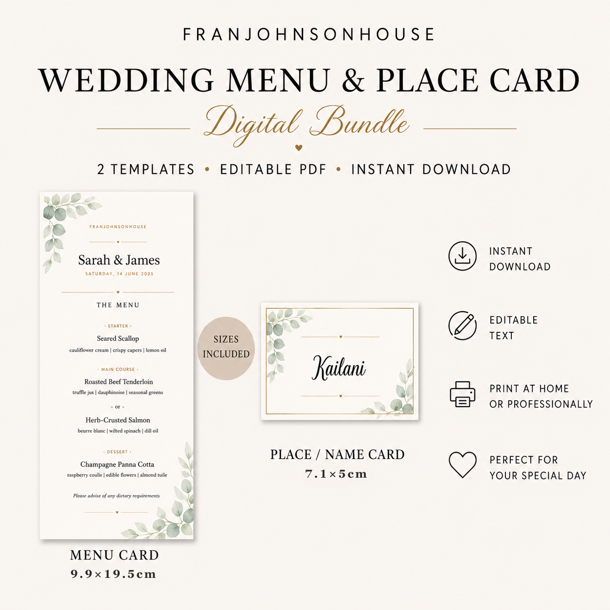 Wedding Menu Card & Place Card Bundle – Editable Canva Template | Botanical Sage Green & Gold