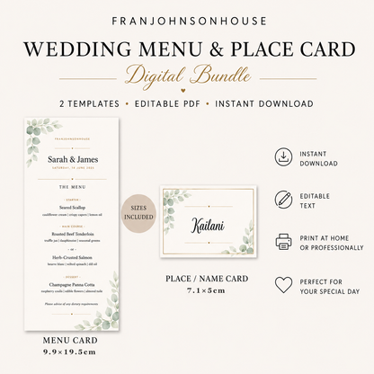 Wedding Menu Card & Place Card Bundle – Editable Canva Template | Botanical Sage Green & Gold