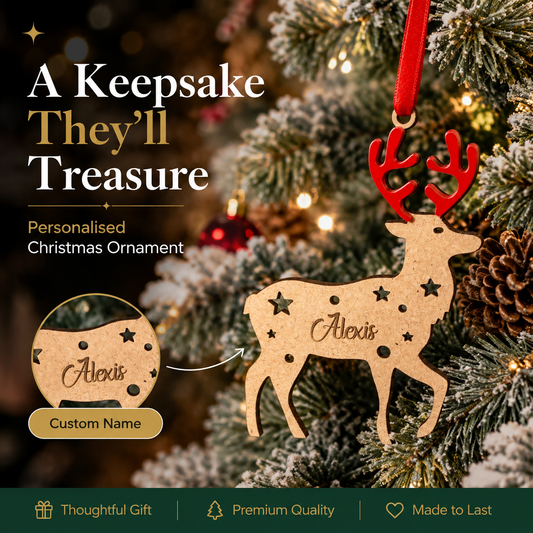 Custom Reindeer Name Ornament — Engraved Wood with Colored Acrylic Antlers