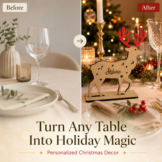 Personalized Reindeer Place Cards – Custom Wooden Name Tags with Acrylic Antlers – Holiday Table Decor & Keepsake Ornaments