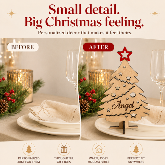 Personalized Christmas Place Cards | Freestanding 3D Wooden Trees | Custom Guest Names Tags