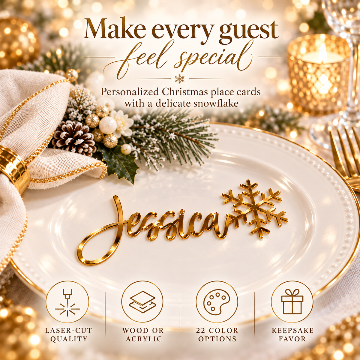 Personalized Christmas Place Cards | Custom Laser Cut Names with Snowflakes