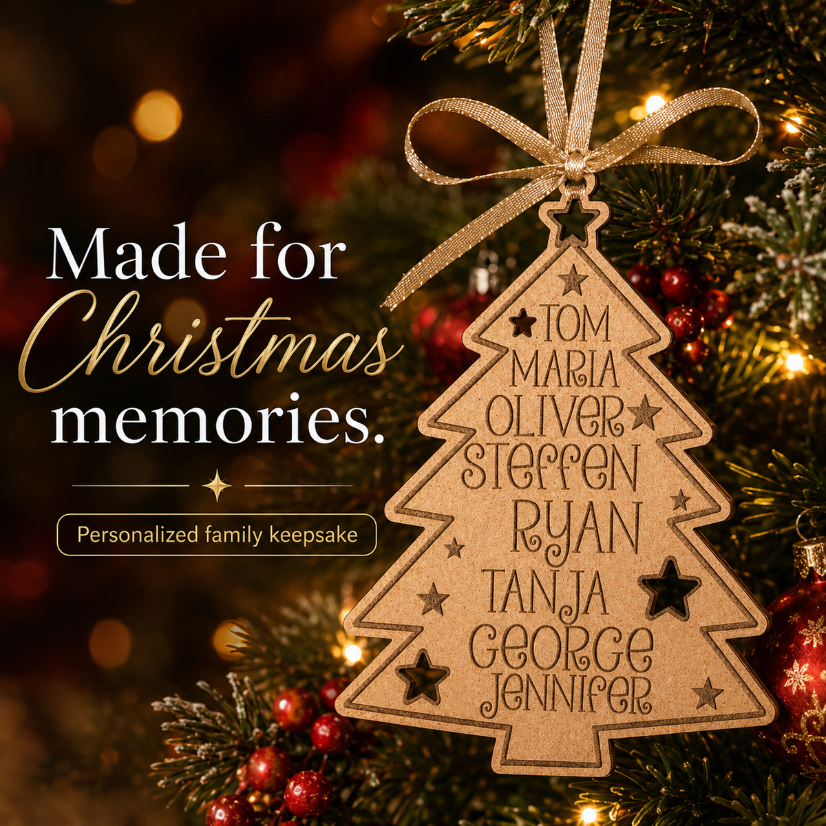 Personalized Wooden Family Christmas Ornaments | Engraved Hanging Trees with Family Names & Year