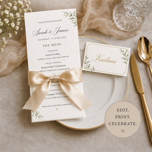 Wedding Menu Card & Place Card Bundle – Printable PDF Template | Elegant Gold & Cream