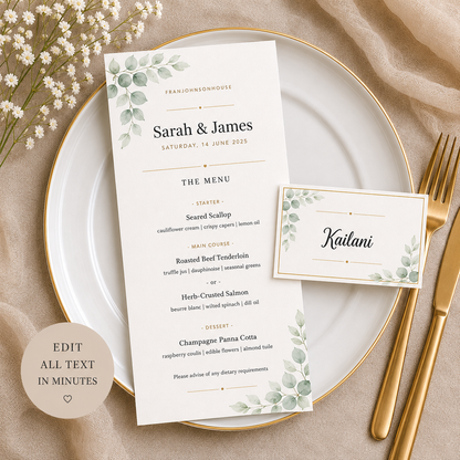 Wedding Menu Card & Place Card Bundle – Editable Canva Template | Botanical Sage Green & Gold