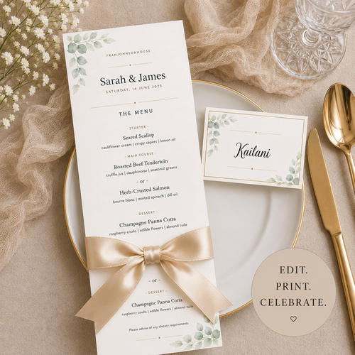 Wedding Menu Card & Place Card Bundle – Editable Canva Template | Botanical Sage Green & Gold
