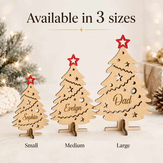 Personalized Freestanding Wooden Christmas Trees | Custom Xmas Place Cards | Mom, Dad & Kids Wood Ornaments