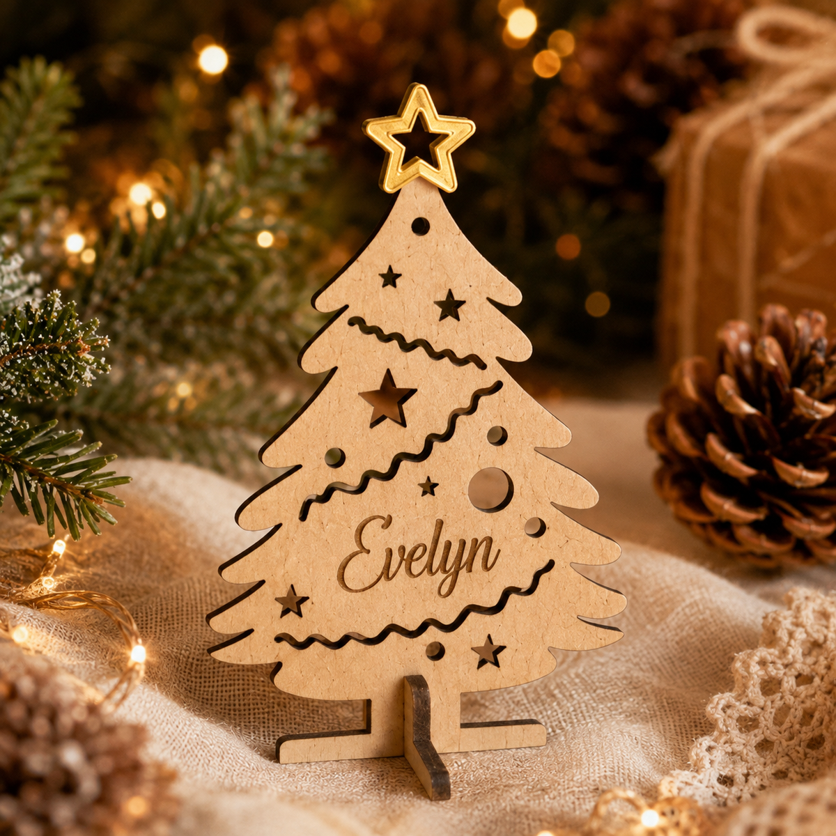 Personalized Freestanding Wooden Christmas Trees | Custom Xmas Place Cards | Mom, Dad & Kids Wood Ornaments