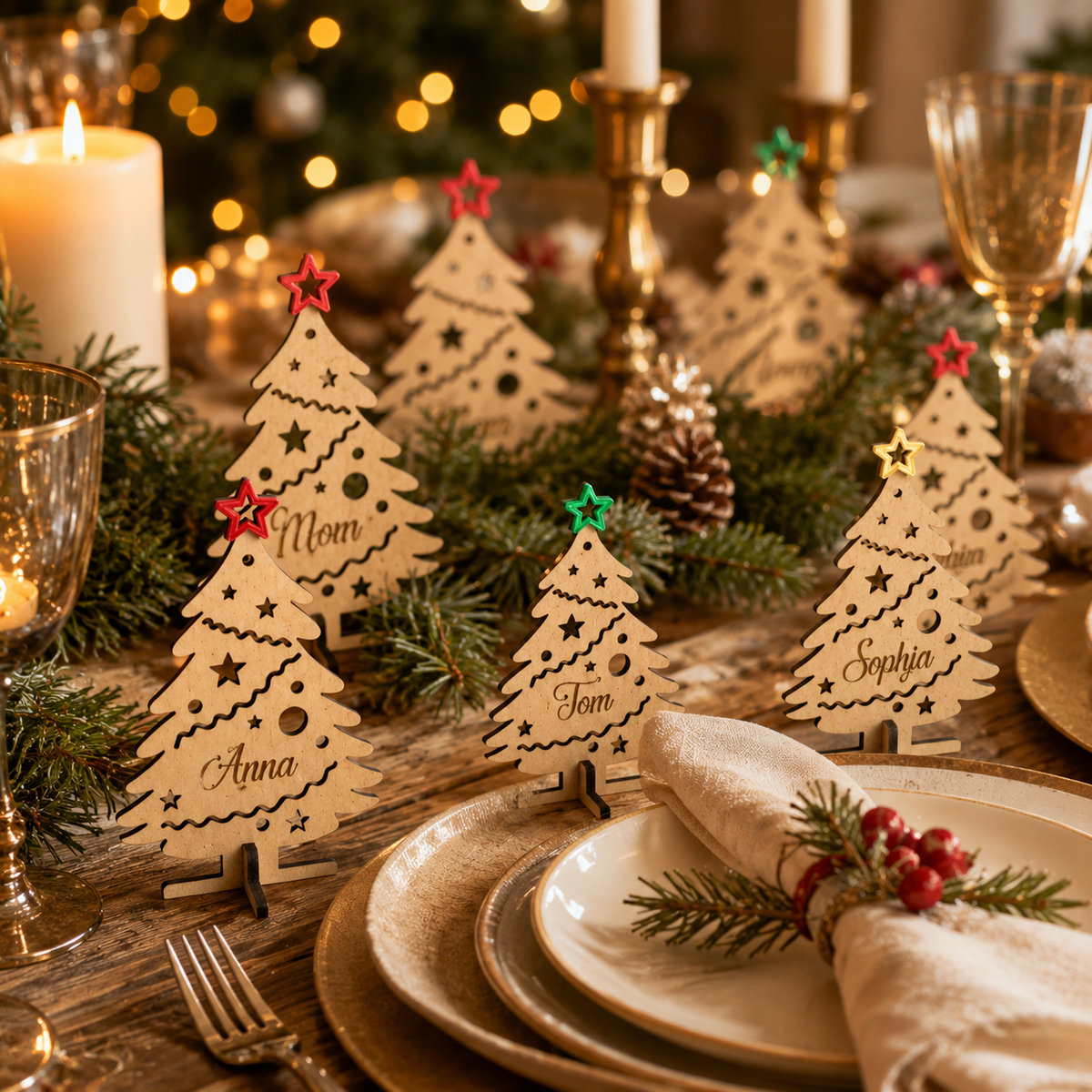 Personalized Freestanding Wooden Christmas Trees | Custom Xmas Place Cards | Mom, Dad & Kids Wood Ornaments