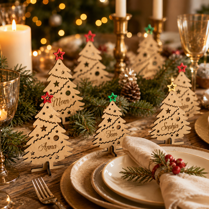 Personalized Freestanding Wooden Christmas Trees | Custom Xmas Place Cards | Mom, Dad & Kids Wood Ornaments