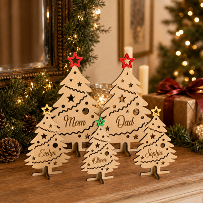 Personalized Freestanding Wooden Christmas Trees | Custom Xmas Place Cards | Mom, Dad & Kids Wood Ornaments