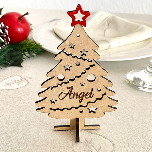 Personalized Christmas Place Cards – Freestanding 3D Wooden Trees with Name Tags – Custom Table Decorations & Ornaments