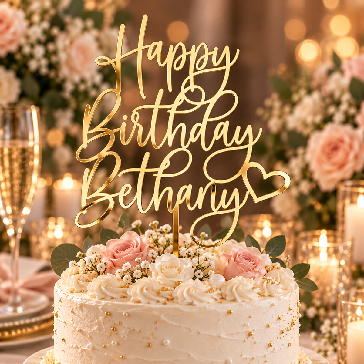 Personalized Happy Birthday Cake Topper with Custom Name & Heart – Script Calligraphy Party Decoration