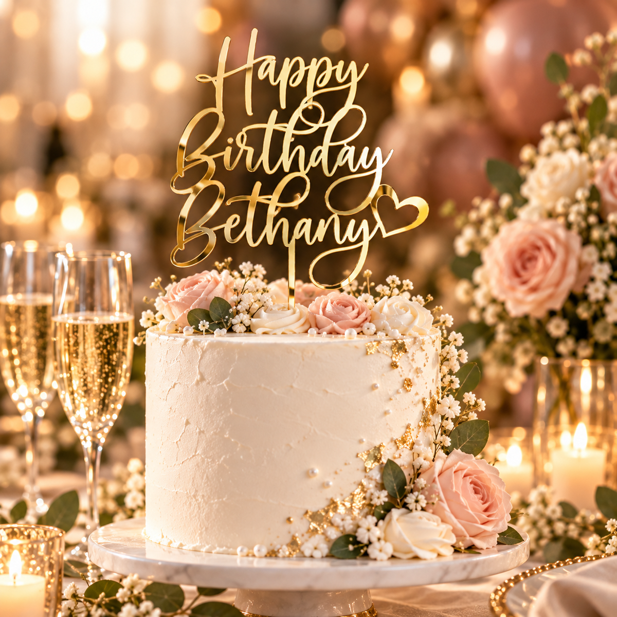Personalized Happy Birthday Cake Topper with Custom Name & Heart – Script Calligraphy Party Decoration