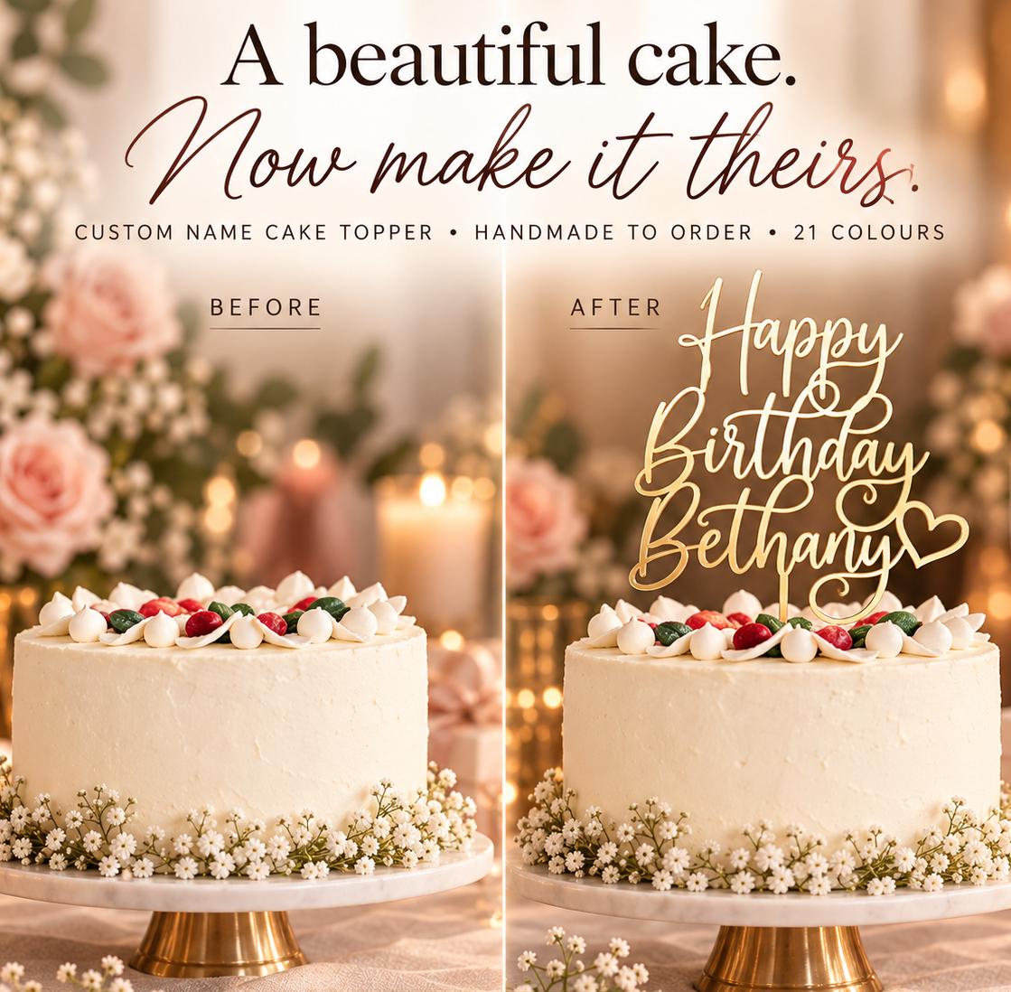 Personalized Happy Birthday Cake Topper with Custom Name & Heart – Script Calligraphy Party Decoration
