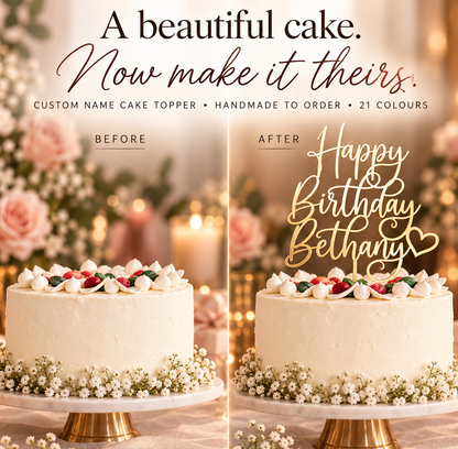Personalized Happy Birthday Cake Topper with Custom Name & Heart – Script Calligraphy Party Decoration
