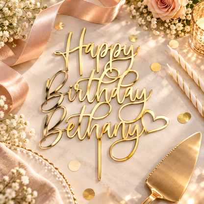 Personalized Happy Birthday Cake Topper with Custom Name & Heart – Script Calligraphy Party Decoration