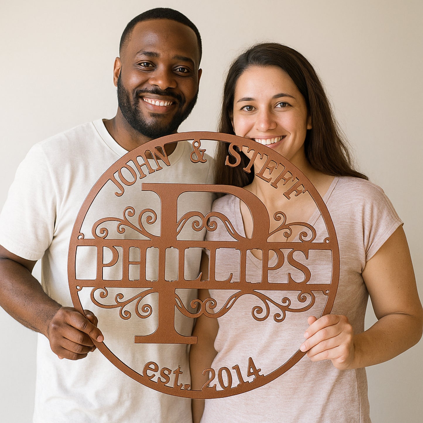 Personalized Metal Family Name Sign – Split Letter Monogram with Last Name & Established Year – Custom Wedding Wall Art Gift