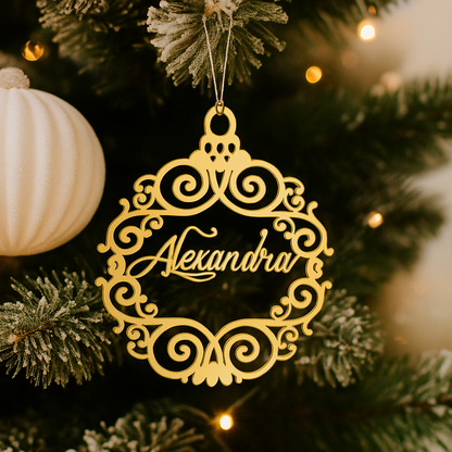 Personalized Name Christmas Ornament – Gold Mirror Acrylic (or Wood) Bauble – Custom Laser-Cut Tree Decoration or Holiday Place Card