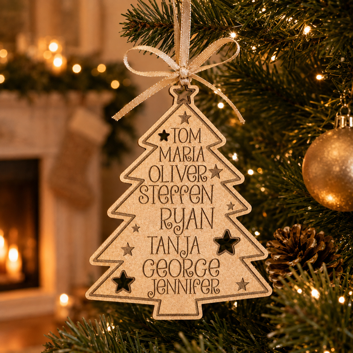Personalized Wooden Family Christmas Ornaments | Engraved Hanging Trees with Family Names & Year