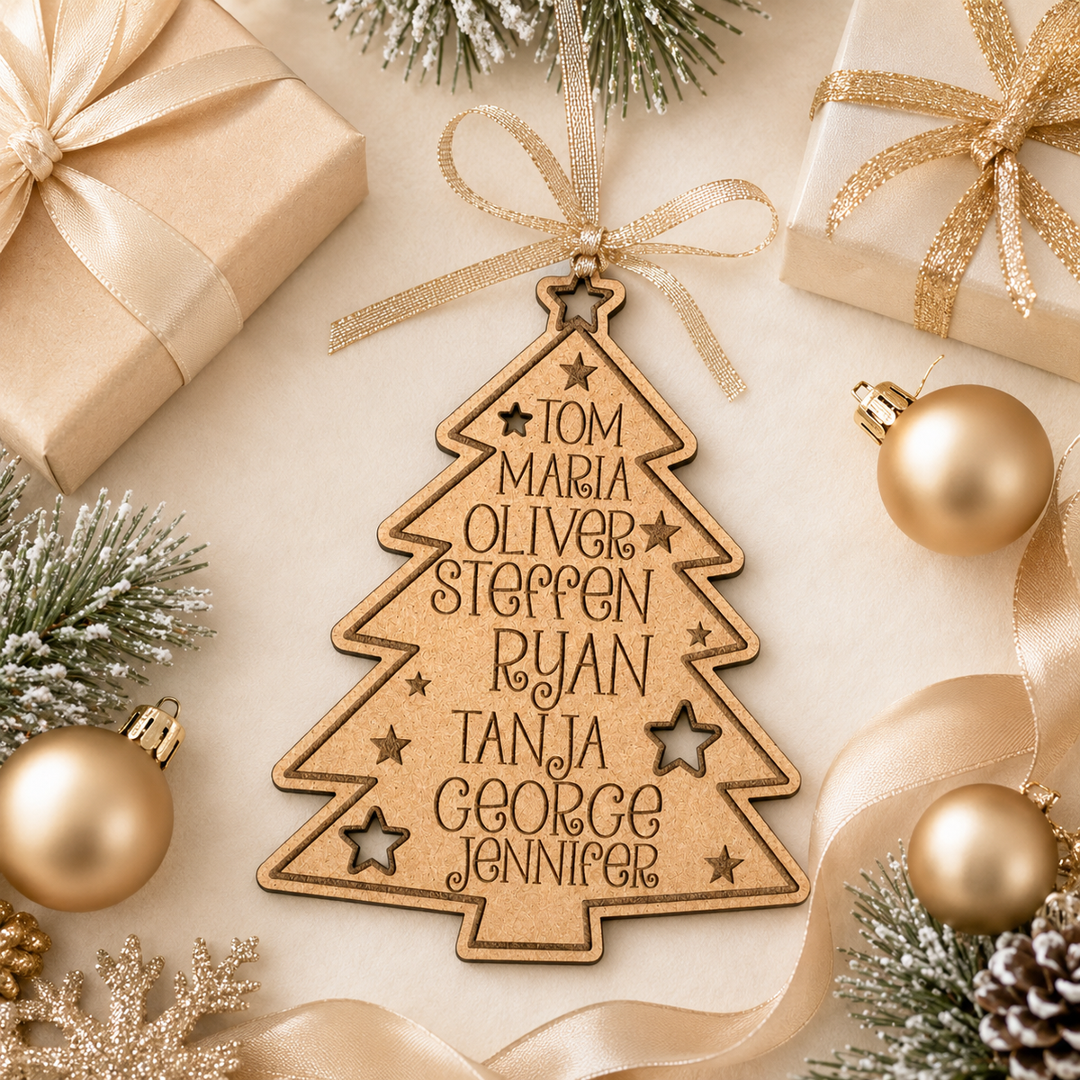 Personalized Wooden Family Christmas Ornaments | Engraved Hanging Trees with Family Names & Year