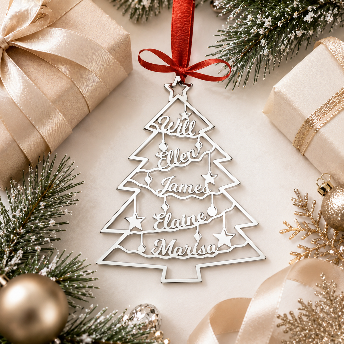 Personalized Stainless Steel Christmas Tree Ornaments with Custom Family Names | Handmade Ornament