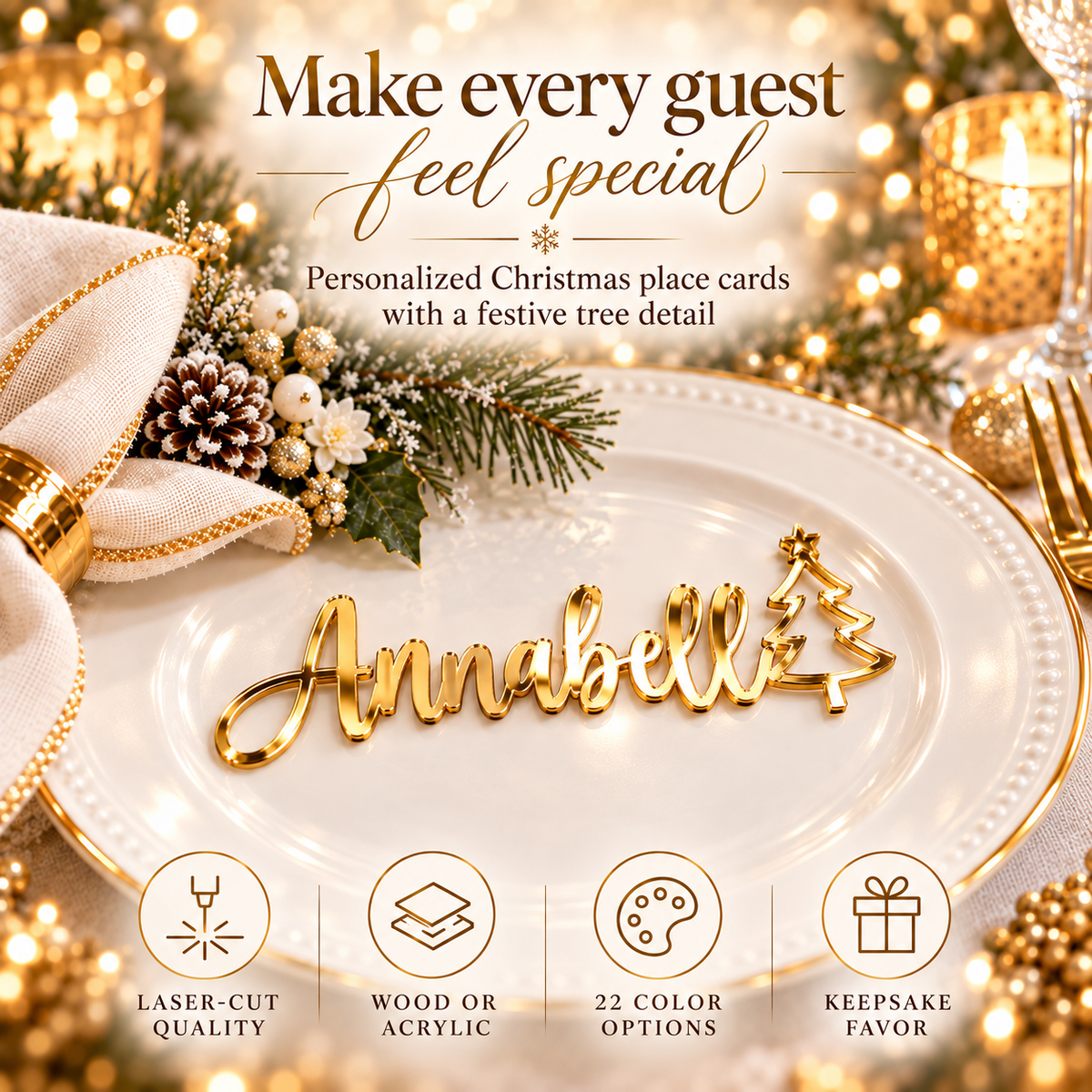 Personalized Christmas Place Cards | Custom Laser Cut Names with Trees