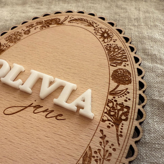 Floral Lace Birth Announcement Sign – Personalized Wooden Baby Name Plaque