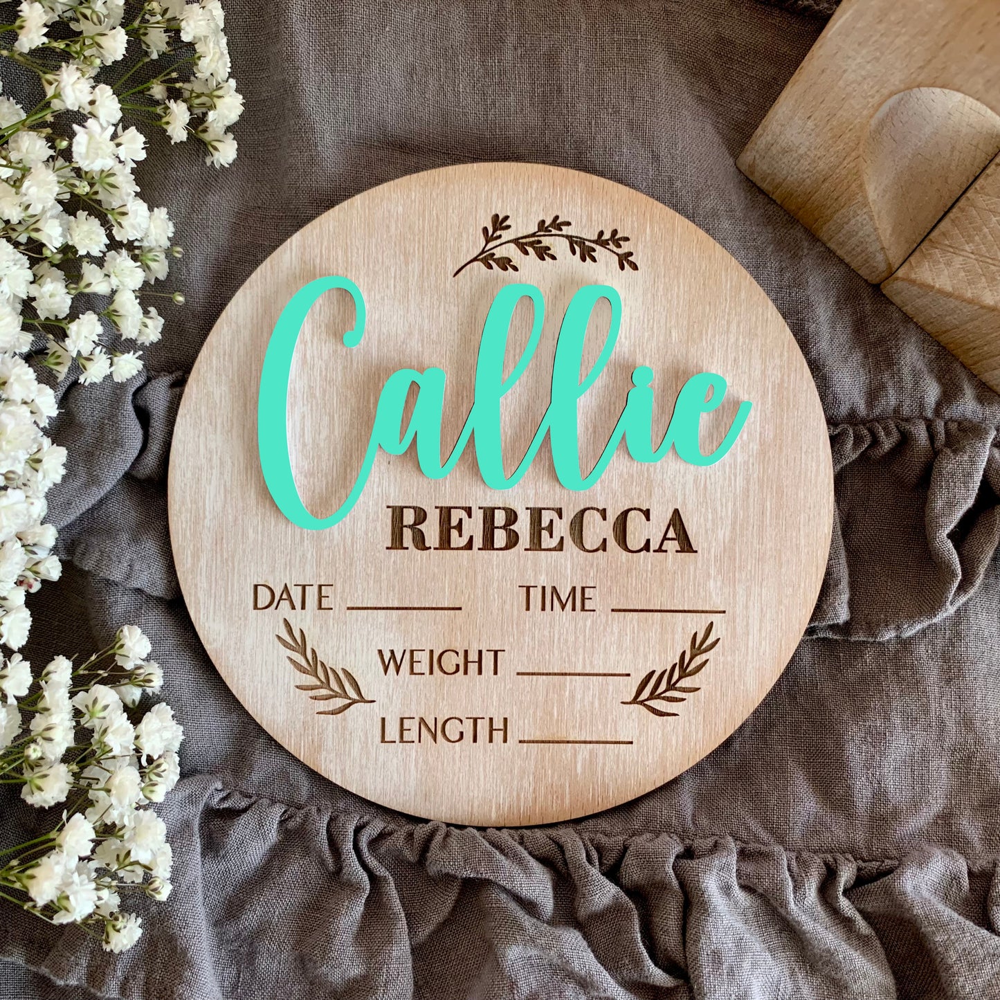 Boho Baby Name & Birth Stats Sign – Custom Whitewashed Wood Announcement