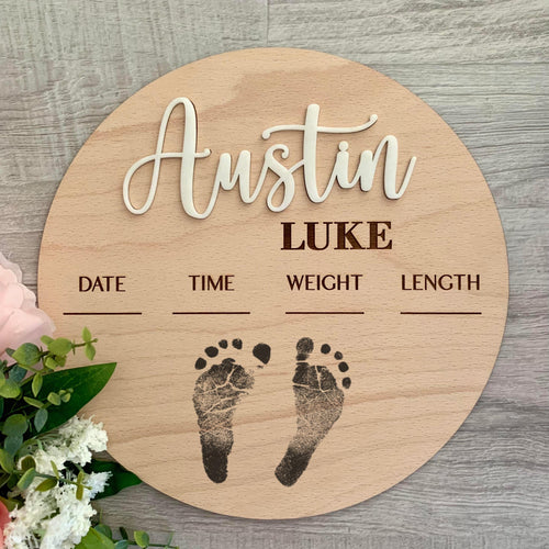 Empreintes de bébé et faire-part de naissance - Panneau de naissance avec emplacement pour empreinte de bébé - Panneau personnalisé avec nom - Cadeau personnalisé pour nouveau-né