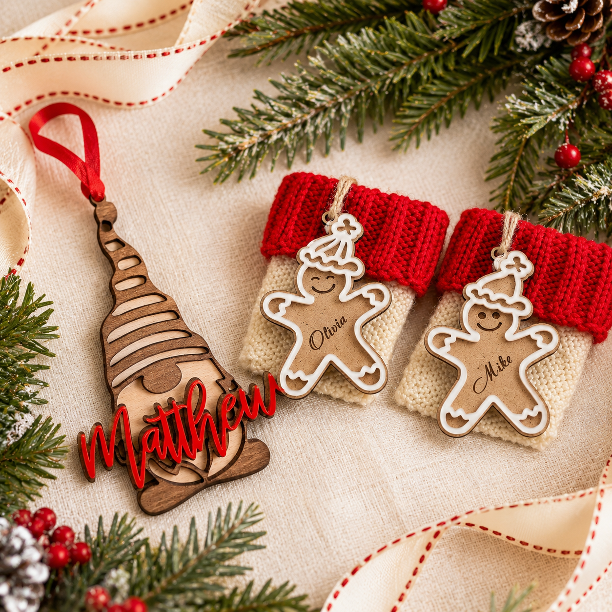 Personalized Christmas Keepsake Set — Gnome + Gingerbread Name Tag | 2 Custom Ornaments