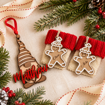 Personalized Christmas Keepsake Set — Gnome + Gingerbread Name Tag | 2 Custom Ornaments