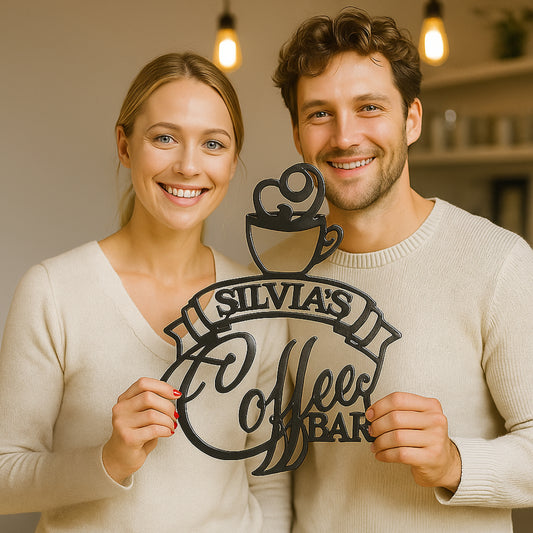 Custom Coffee Bar Metal Name Sign – Personalized Laser-Cut Coffee Cup Wall Art - Kitchen Café Decor & Housewarming Gift