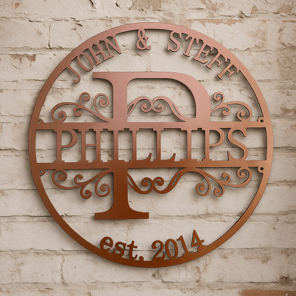 Personalized Metal Family Name Sign – Split Letter Monogram with Last Name & Established Year – Custom Wedding Wall Art Gift