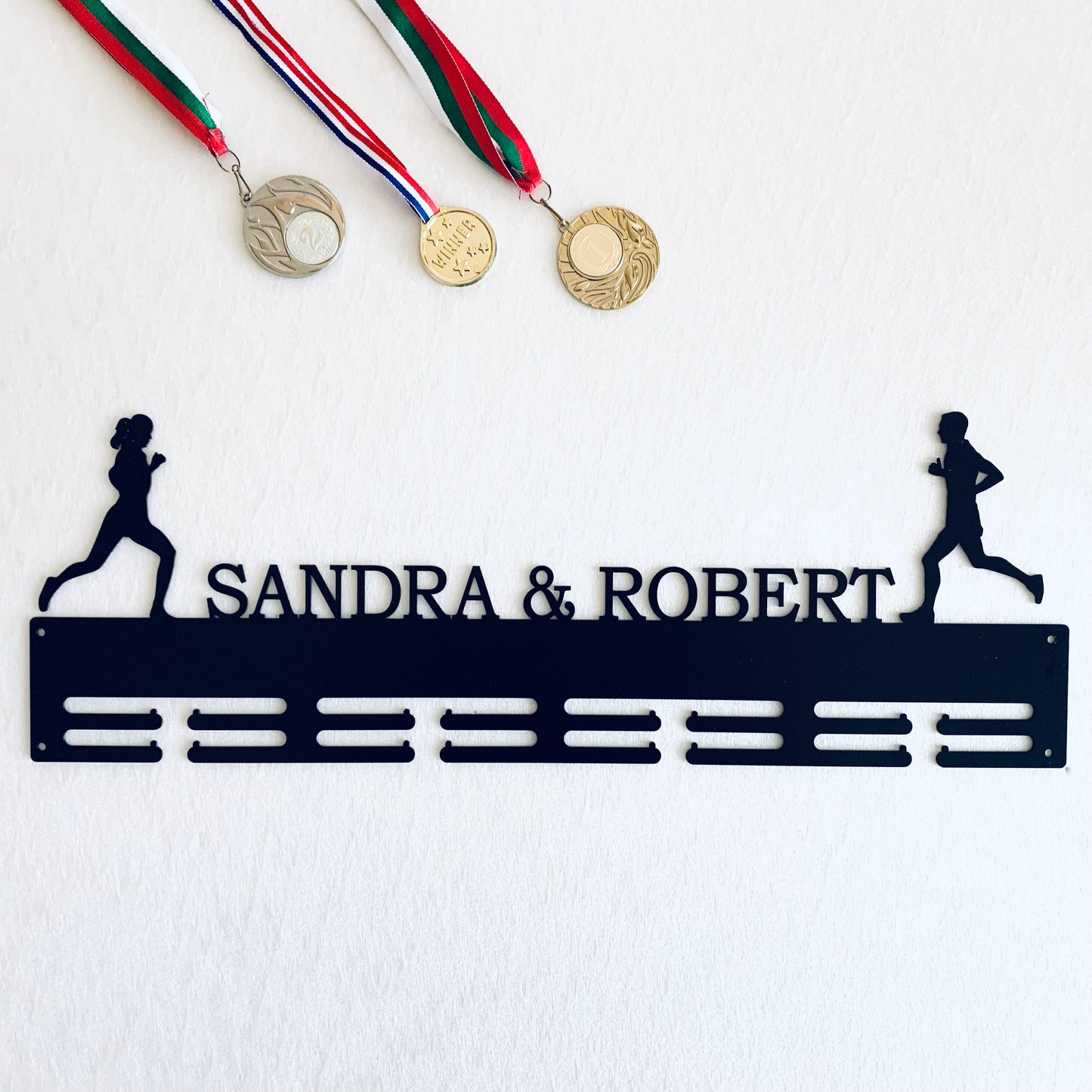 Personalized Running Metal Medal Holder for Couples | Custom Family Medal Hanger with Name or Text of Your Choice