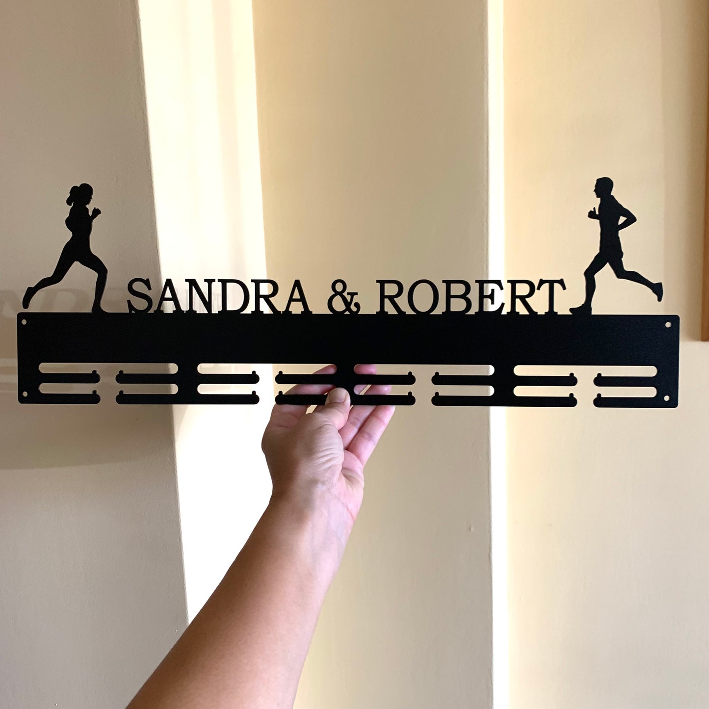 Personalized Running Metal Medal Holder for Couples | Custom Family Medal Hanger with Name or Text of Your Choice
