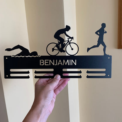 Custom Triathlon Medal & Bib Holder – Personalized Metal Rack with Swim‑Bike‑Run Silhouettes