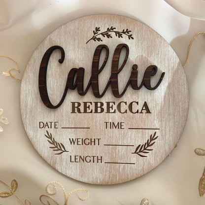 Boho Baby Name & Birth Stats Sign – Custom Whitewashed Wood Announcement