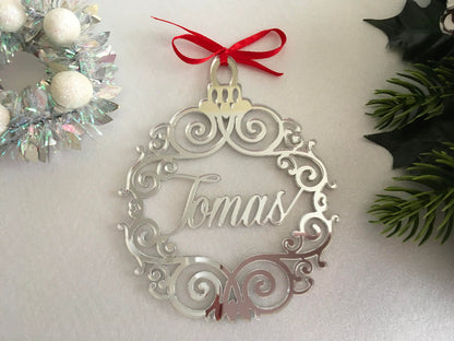 Personalized Name Christmas Ornament – Gold Mirror Acrylic (or Wood) Bauble – Custom Laser-Cut Tree Decoration or Holiday Place Card