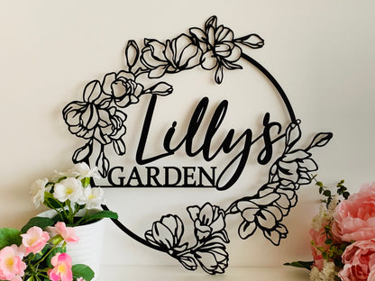 Personalized Flower Garden Name Sign – Custom Metal Outdoor Wall Art - Hanging Decorative Plaque - Gift for Mom, Grandma, Gardener - Floral Yard Decor