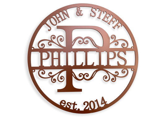 Personalized Metal Family Name Sign – Split Letter Monogram with Last Name & Established Year – Custom Wedding Wall Art Gift