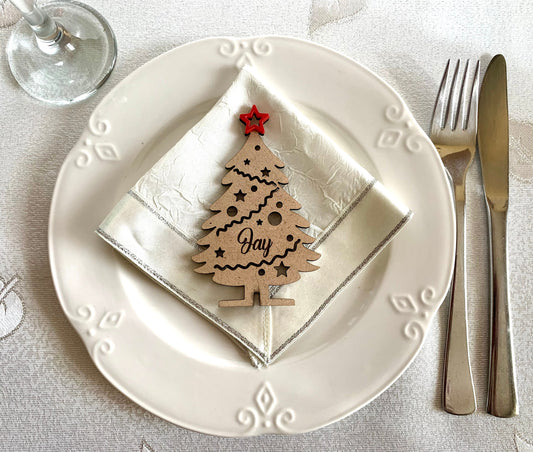 Personalized Christmas Place Cards – Freestanding 3D Wooden Trees with Name Tags – Custom Table Decorations & Ornaments